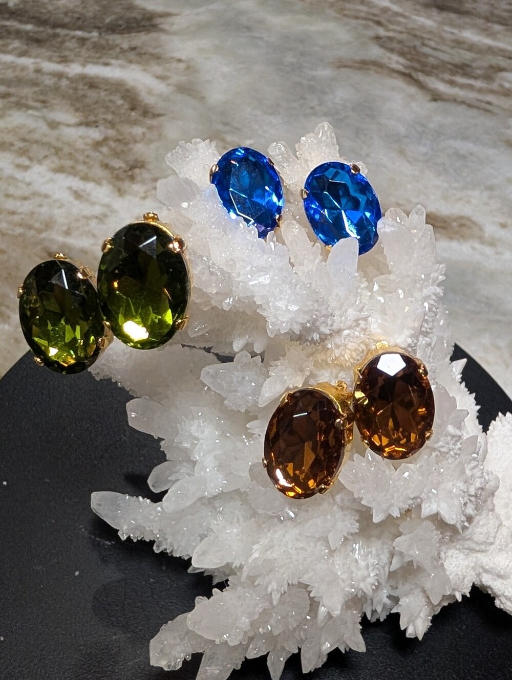 Crystal Clip On Earrings - Blue, Green, Amber